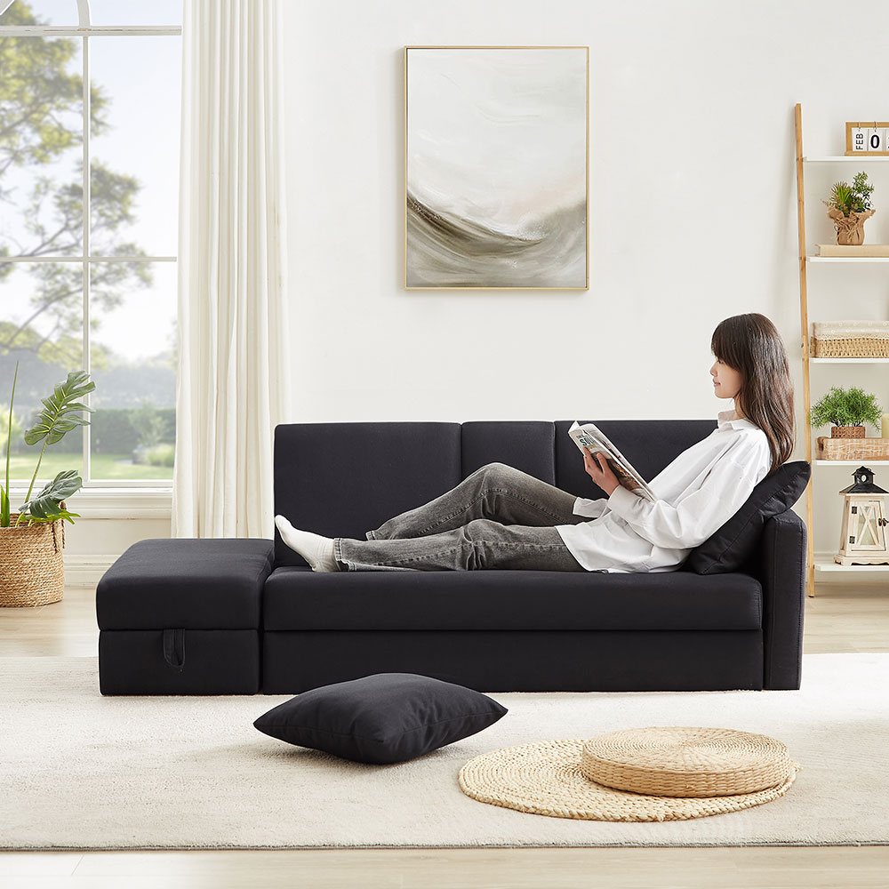 ソファ　ソファーベッド　カウチソファ　3人掛け　オットマン付き　多機能ソファ　左右側とも取り付けるアームレスト　たくさん収納　レイアウト自由　クッション2個