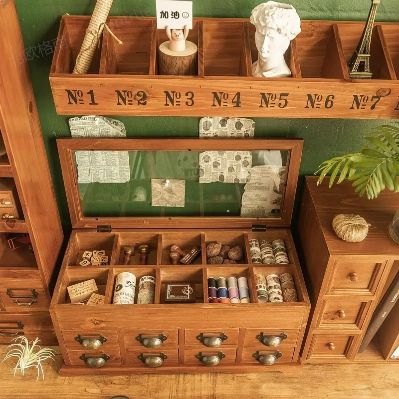 収納ボックス ヴィンテージ調 木製 引き出し付き 多層ガラス製 手芸用品 小物入れ 卓上 デスクワーク アトリエ インテリア ナチュラル シンプル お洒落 デスクトップ 針糸 収納家具 4-7 収納ボックス ヴィンテージ調 木製 引き出し付き 多層ガラス製 手芸用品 小物入れ 卓上 デスクワーク アトリエ インテリア ナチュラル シンプル お洒落 デスクトップ 針糸 収納家具 4-7