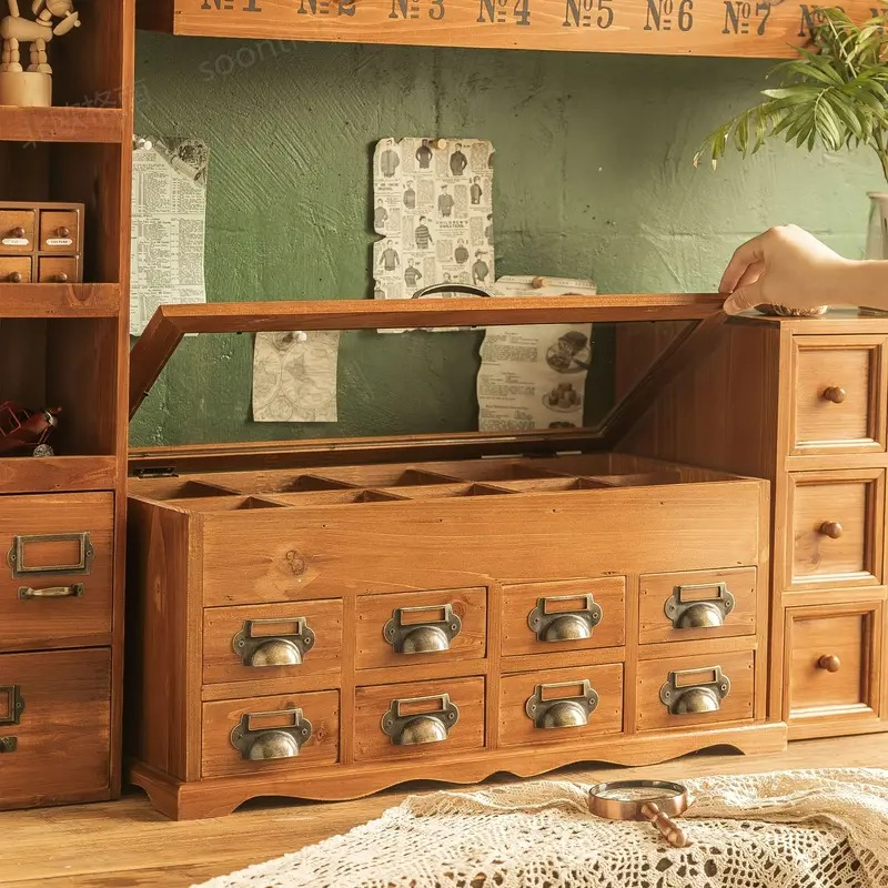 収納ボックス ヴィンテージ調 木製 引き出し付き 多層ガラス製 手芸