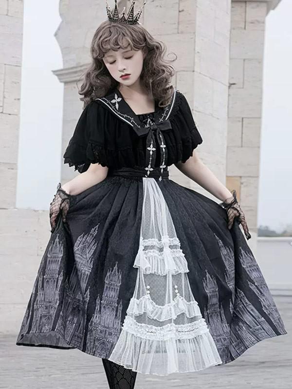 最終値下げワンピース ロリータ ハロウィン レトロ風 リボン ミモレ丈 レディース ゴスロリ ハイウエスト Aライン 暗黒風 ロリィタファッション ノースリーブ フリル ロリータワンピース 文化祭 学