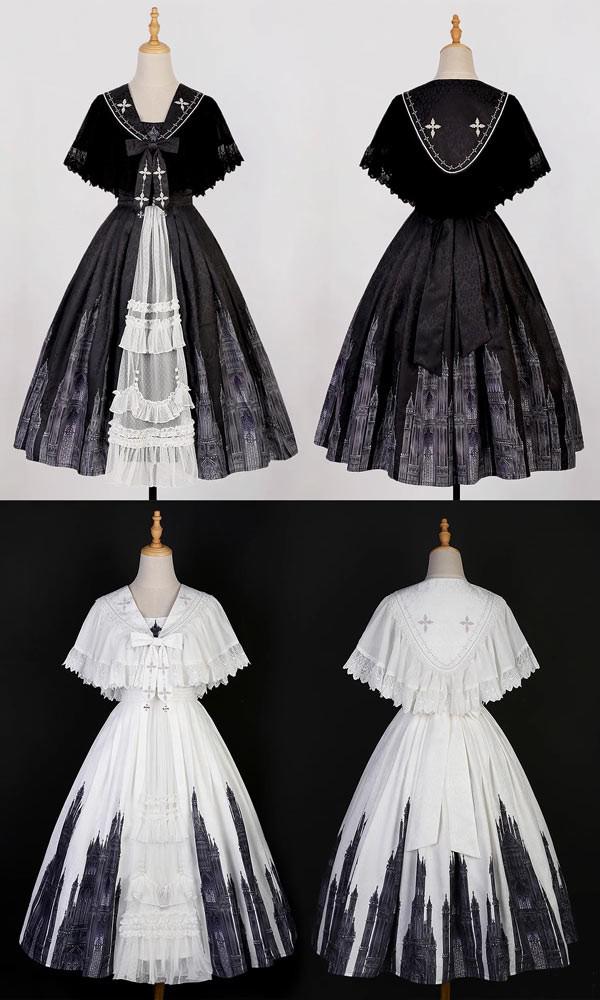 最終値下げワンピース ロリータ ハロウィン レトロ風 リボン ミモレ丈 レディース ゴスロリ ハイウエスト Aライン 暗黒風 ロリィタファッション ノースリーブ フリル ロリータワンピース 文化祭 学