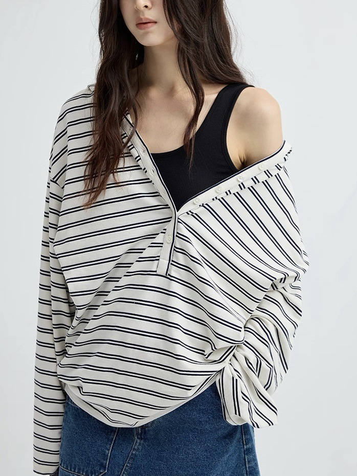 【送.料.無.料.急速発送】フード付きバックルの裾が自然に少し積まれたゆったりとした肩落ち長袖ストライプ 【送.料.無.料.急速発送】フード付きバックルの裾が自然に少し積まれたゆったりとした肩落ち長袖ストライプ