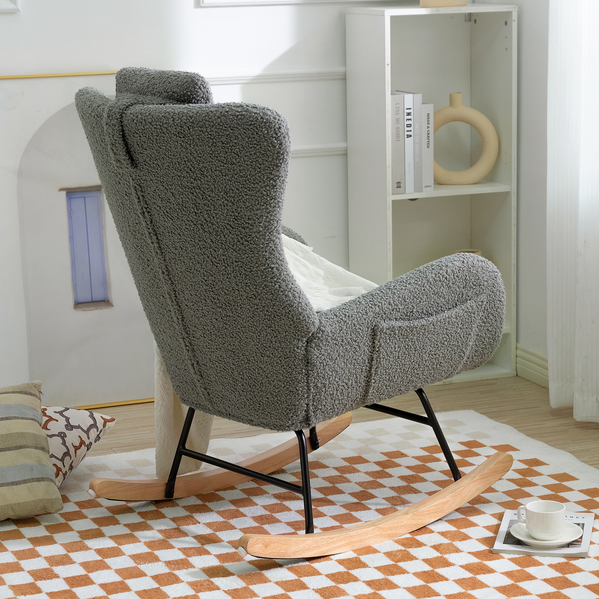 【国内出荷 - 3日配達】Rocking Chair Nursery, Teddy Upholstered Rocker Glider Chair with High Backrest, Adjust