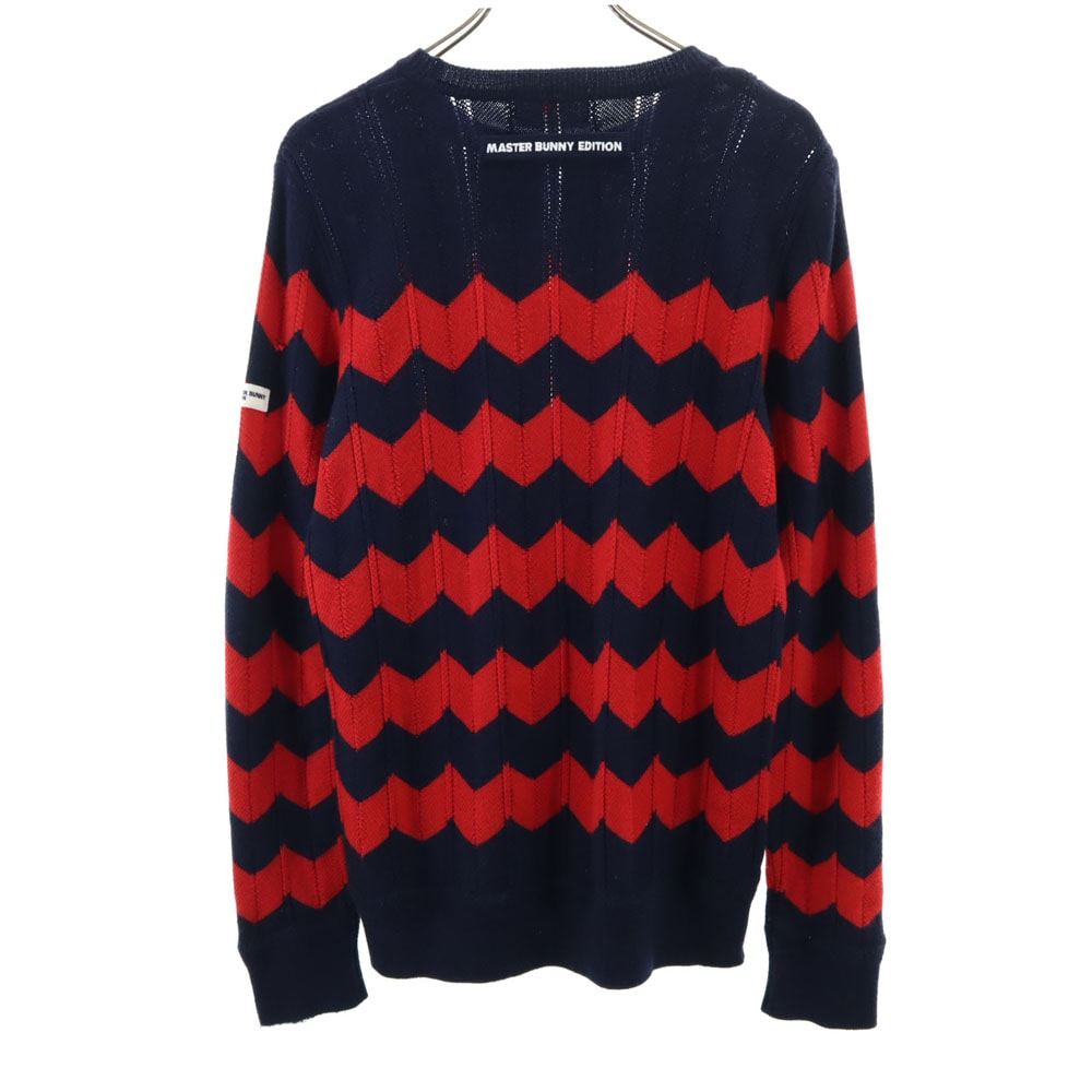 日本製 ボーダー柄 ゴルフ 長袖 ウール セーター 4 赤×ネイビー ニット