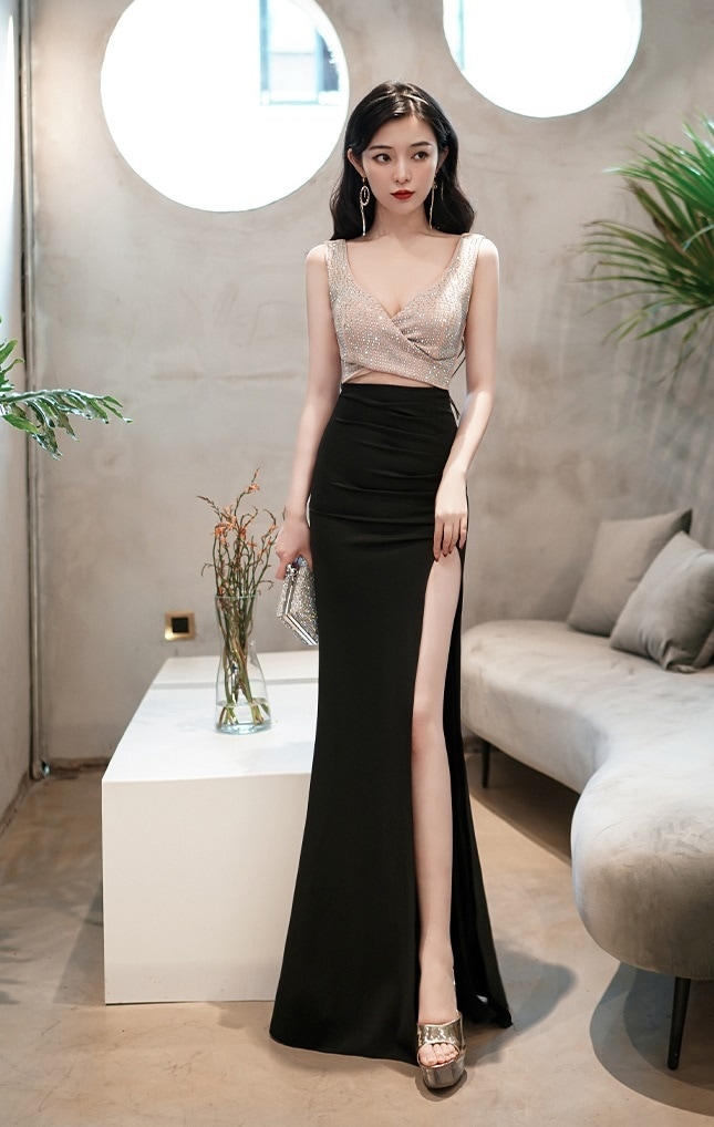 ワンピース レディース ドレス S M L XL 韓国 ロング丈 マキシ マキシ丈 ノースリーブ Vネック タイト スリット キラキラ かわいい 大人可愛い きれいめ 上品 エレガント 清楚 シック