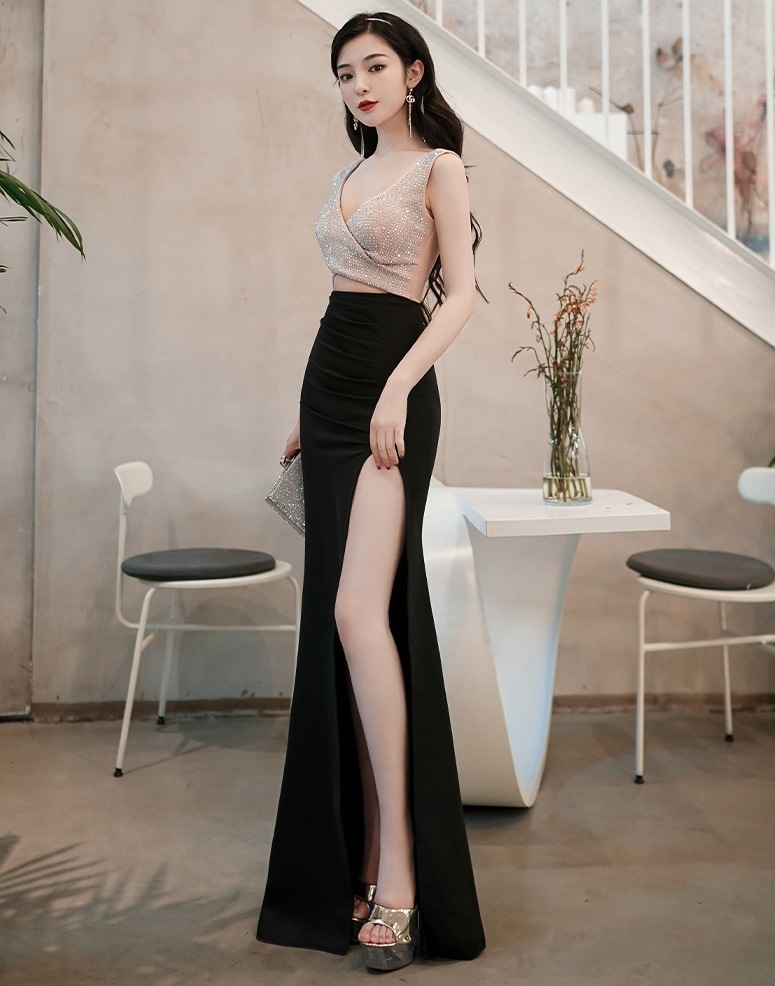 ワンピース レディース ドレス S M L XL 韓国 ロング丈 マキシ マキシ丈 ノースリーブ Vネック タイト スリット キラキラ かわいい 大人可愛い きれいめ 上品 エレガント 清楚 シック