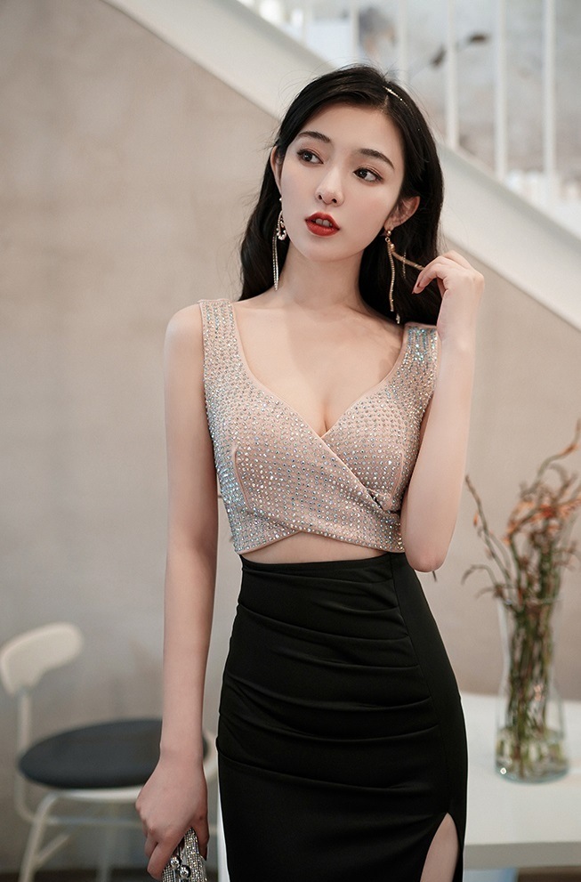 ワンピース レディース ドレス S M L XL 韓国 ロング丈 マキシ マキシ丈 ノースリーブ Vネック タイト スリット キラキラ かわいい 大人可愛い きれいめ 上品 エレガント 清楚 シック