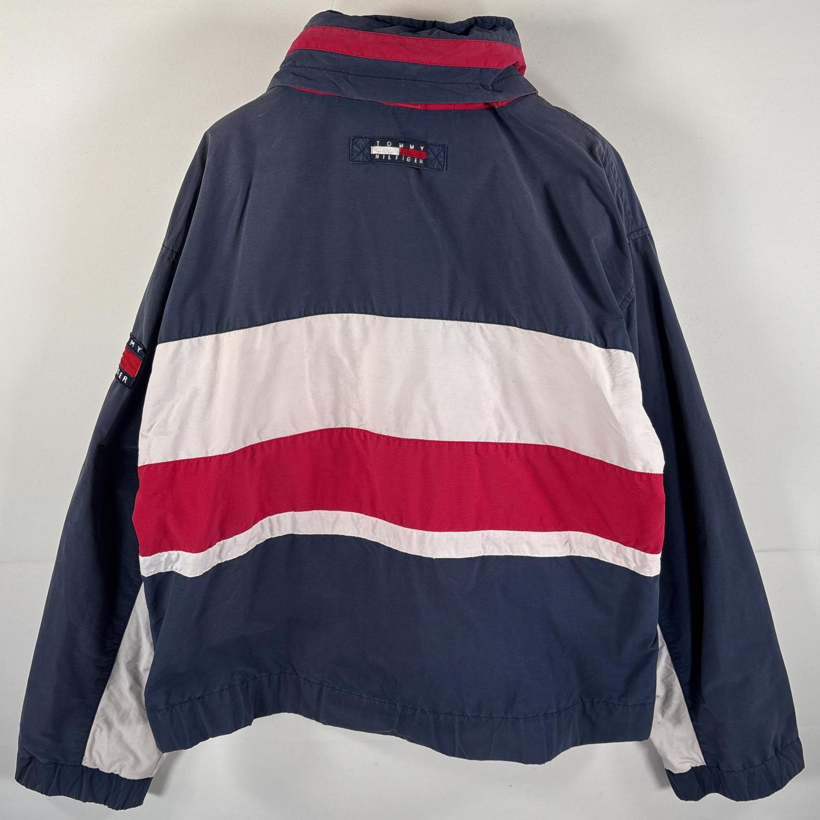 古着 90s/90年代 コットンナイロンジャケット フード付き 大きいサイズ XL ネイビー マルチカラー メンズ