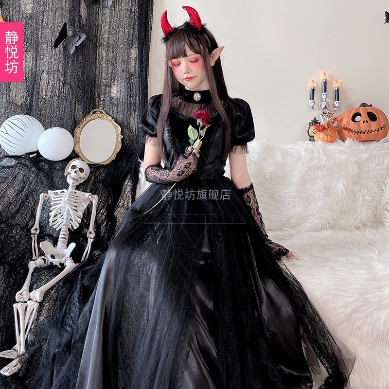 ハロウィン大人用コスチューム魔女ゴースト花嫁ゴシック吸血鬼コスプレロールプレイダークロングスカート