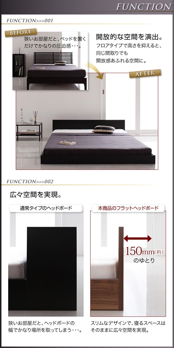 [組立設置付]シンプルヘッドボード フロアベッド [ジャーノ] 国産カバーポケットコイルマットレス付 セミダブル ウォルナットブラウン