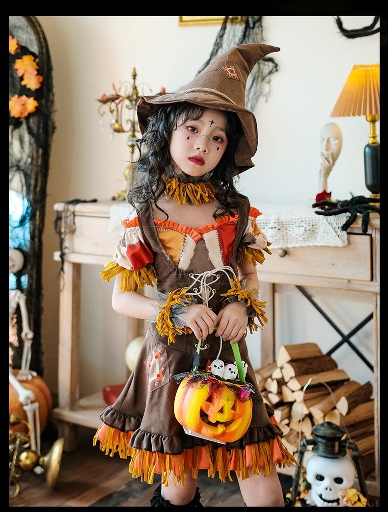 [2枚購入で2OO円OFF]今買いたいが特惠！cosplayハロウィン子供コスチュームカボチャ魔女かかしドレスベビー服女子牧歌的なスタイルハーレークイン万聖節