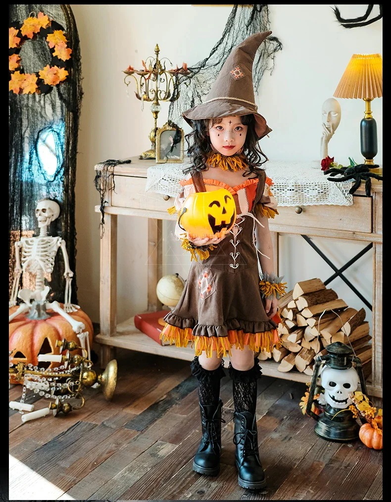 [2枚購入で2OO円OFF]今買いたいが特惠！cosplayハロウィン子供コスチュームカボチャ魔女かかしドレスベビー服女子牧歌的なスタイルハーレークイン万聖節