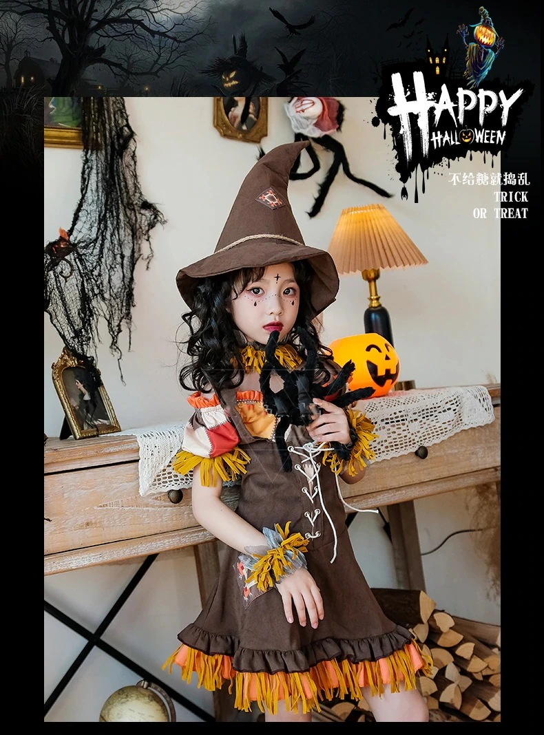 [2枚購入で2OO円OFF]今買いたいが特惠！cosplayハロウィン子供コスチュームカボチャ魔女かかしドレスベビー服女子牧歌的なスタイルハーレークイン万聖節