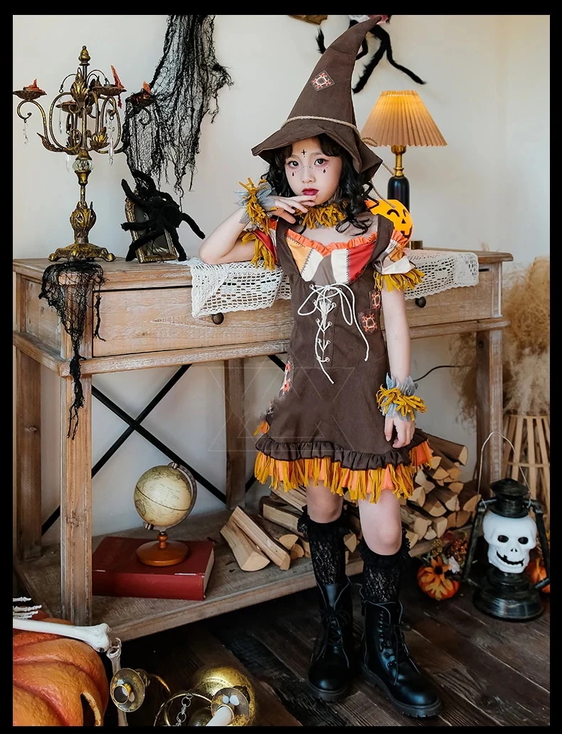 [2枚購入で2OO円OFF]今買いたいが特惠！cosplayハロウィン子供コスチュームカボチャ魔女かかしドレスベビー服女子牧歌的なスタイルハーレークイン万聖節