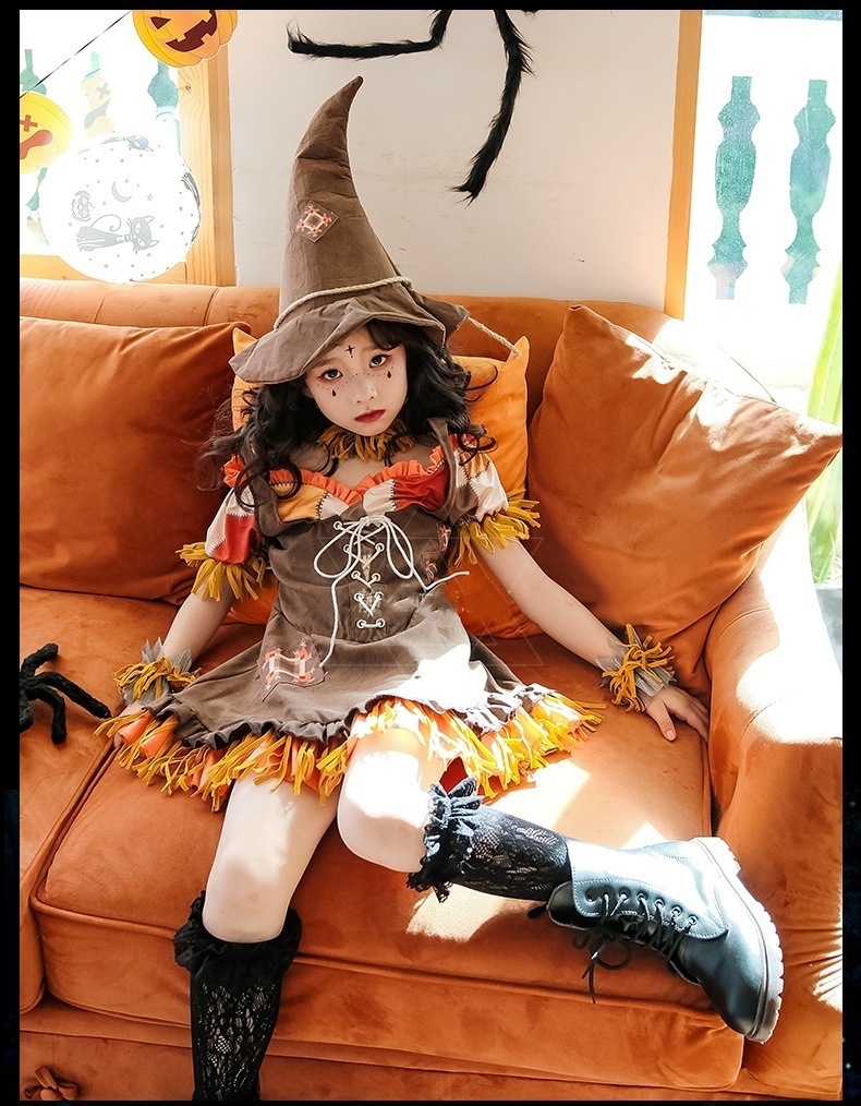 [2枚購入で2OO円OFF]今買いたいが特惠！cosplayハロウィン子供コスチュームカボチャ魔女かかしドレスベビー服女子牧歌的なスタイルハーレークイン万聖節