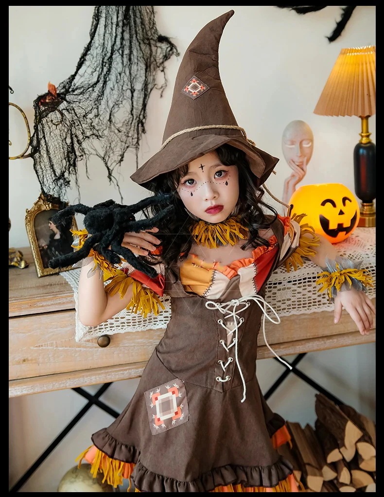 [2枚購入で2OO円OFF]今買いたいが特惠！cosplayハロウィン子供コスチュームカボチャ魔女かかしドレスベビー服女子牧歌的なスタイルハーレークイン万聖節