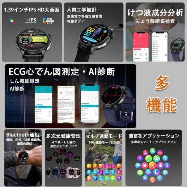 即日発送 スマートウォッチ 通話機能 血糖値測定 医療レベル心電図ECG+HRV 尿酸 血中脂質 BMI 体温監視 血圧 血中酸素 心拍数 睡眠 呼吸訓練 女性生理管理 リモートケア 着信通知 ip