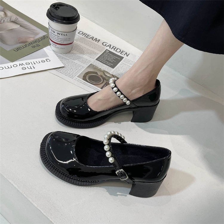 メリージェーン小さな革の靴太いヒールパール一字型ボタンシングルシューズ 最大69%OFFクーポン