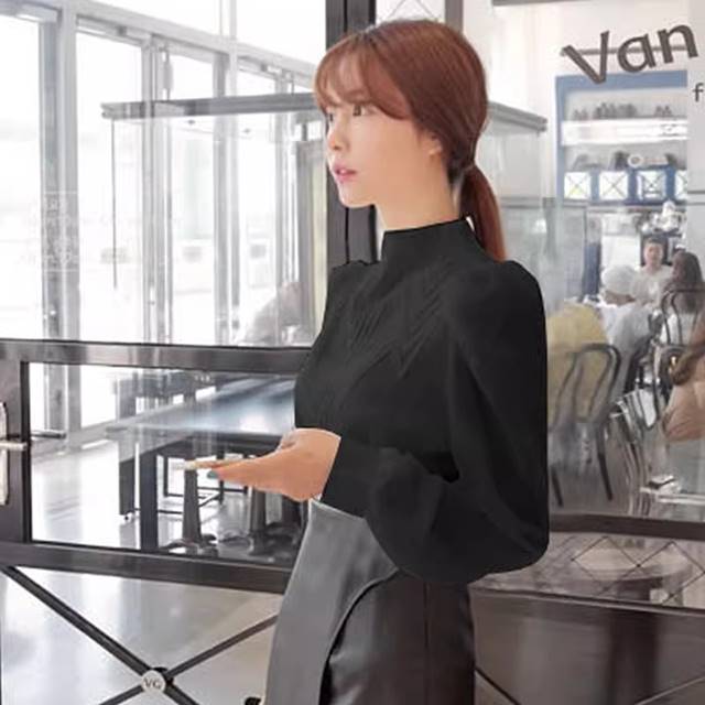 ２点で13o円OFF！【即納】ボトルネックデザインシャツ レディース カットソー 長袖 トップス 襟風デザイン 大きいサイズ 春 夏 秋 薄手 ふんわりシルエット ライン綺麗 フロント スリーブ OL