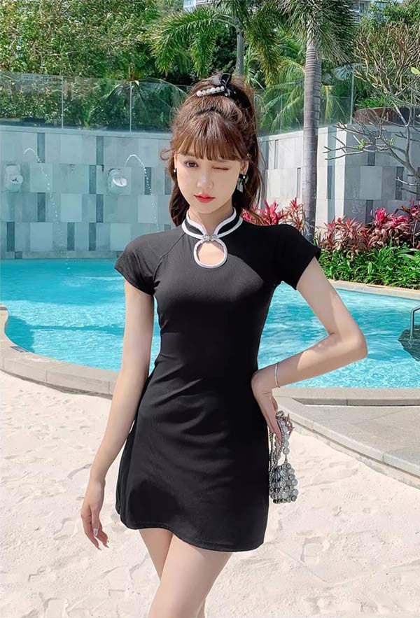 ワンピース水着 服みたいな 水着 2点セット 半袖 チャイナドレス風 ワイヤーなし パッド付 レディース 着瘦せ シンプル セクシー 写真映え 撮影用 海 夏 サマー プール リゾート かわいい 旅行