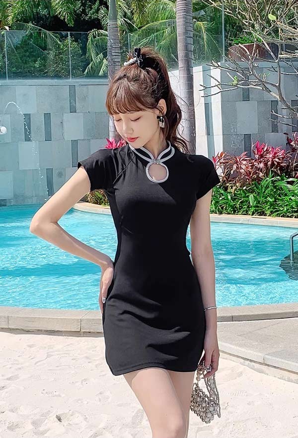 ワンピース水着 服みたいな 水着 2点セット 半袖 チャイナドレス風 ワイヤーなし パッド付 レディース 着瘦せ シンプル セクシー 写真映え 撮影用 海 夏 サマー プール リゾート かわいい 旅行