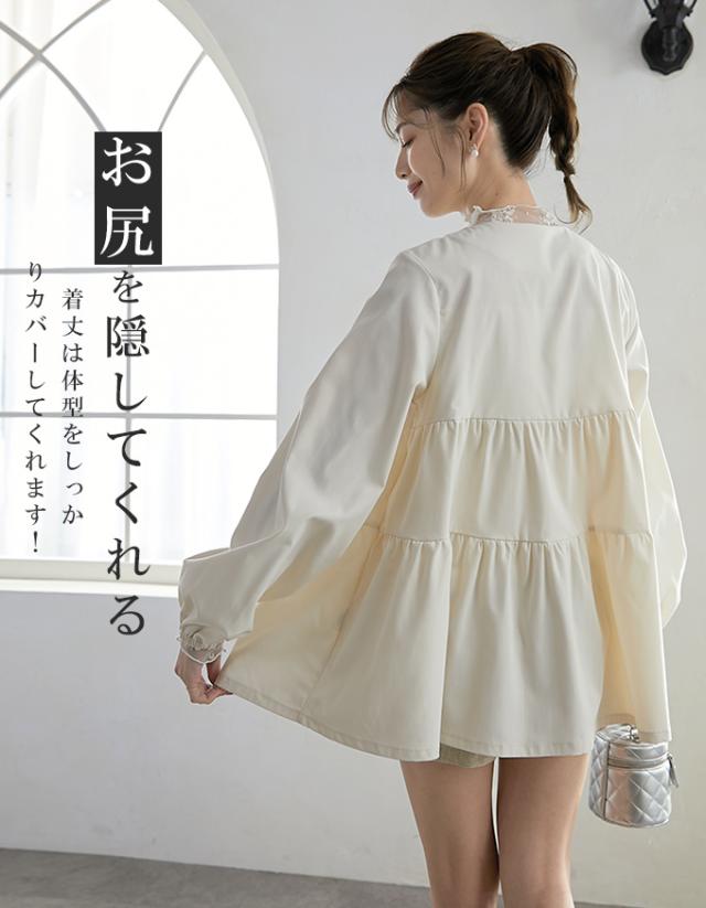 ジャケット スプリングコート アウター ノーカラー パールボタンティアードジャケット ライトアウター 裾フレア ティアード ペプラム ジャケット スプリングコート アウター ノーカラー パールボタンティアードジャケット ライトアウター 裾フレア ティアード ペプラム