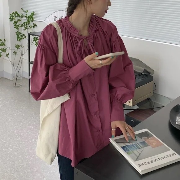 3color レディース トップス シャツブラウス シャツ ブラウス ボウタイ付き シャーリング