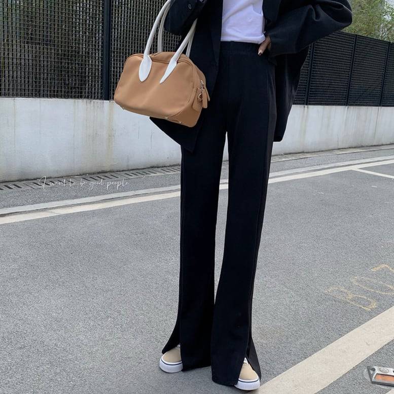 レディース パンツ スリット入り センタースリットフレアーパンツ フロントスリットイージーパンツ ストレートパンツ ボトムス ワイドパンツ ウエストゴム スリム きちんと感 ハイウエスト 黒 ブラック