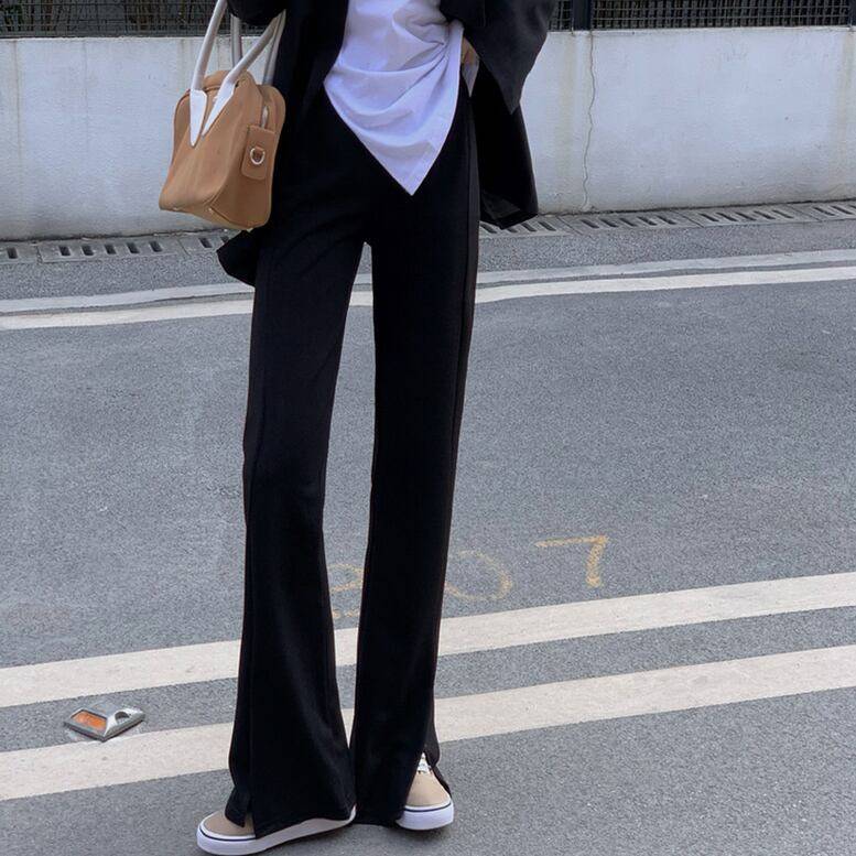 レディース パンツ スリット入り センタースリットフレアーパンツ フロントスリットイージーパンツ ストレートパンツ ボトムス ワイドパンツ ウエストゴム スリム きちんと感 ハイウエスト 黒 ブラック