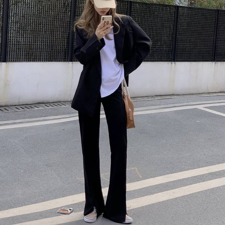 レディース パンツ スリット入り センタースリットフレアーパンツ フロントスリットイージーパンツ ストレートパンツ ボトムス ワイドパンツ ウエストゴム スリム きちんと感 ハイウエスト 黒 ブラック