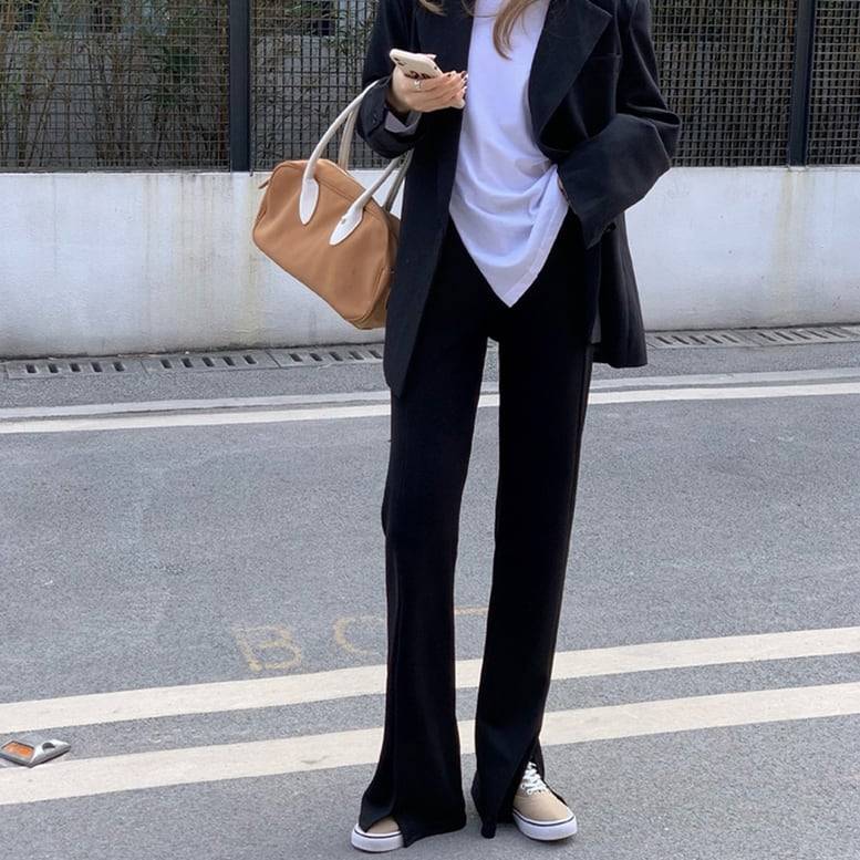 レディース パンツ スリット入り センタースリットフレアーパンツ フロントスリットイージーパンツ ストレートパンツ ボトムス ワイドパンツ ウエストゴム スリム きちんと感 ハイウエスト 黒 ブラック