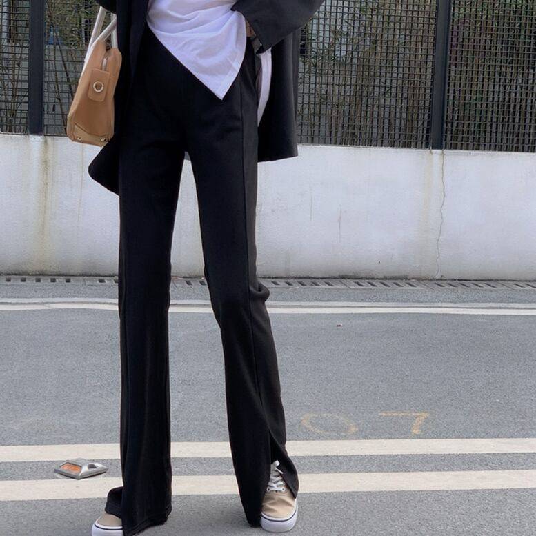 レディース パンツ スリット入り センタースリットフレアーパンツ フロントスリットイージーパンツ ストレートパンツ ボトムス ワイドパンツ ウエストゴム スリム きちんと感 ハイウエスト 黒 ブラック