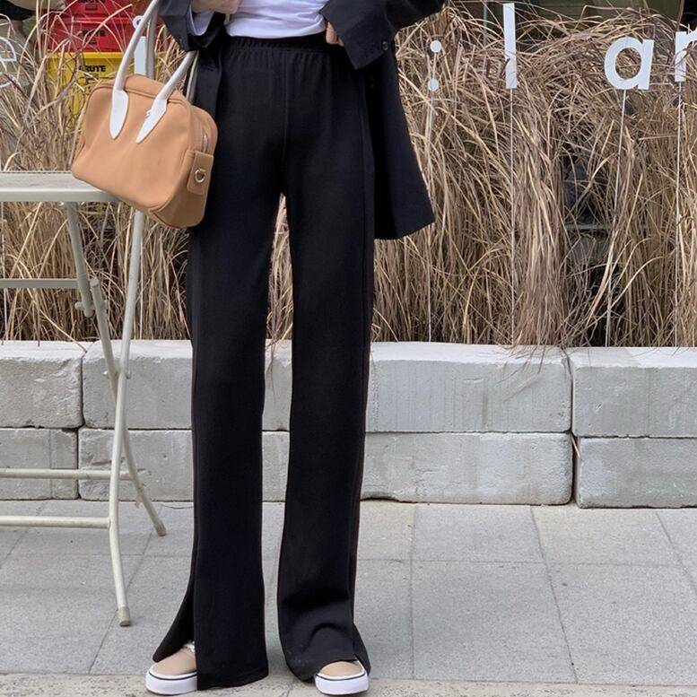レディース パンツ スリット入り センタースリットフレアーパンツ フロントスリットイージーパンツ ストレートパンツ ボトムス ワイドパンツ ウエストゴム スリム きちんと感 ハイウエスト 黒 ブラック