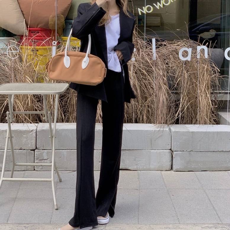 レディース パンツ スリット入り センタースリットフレアーパンツ フロントスリットイージーパンツ ストレートパンツ ボトムス ワイドパンツ ウエストゴム スリム きちんと感 ハイウエスト 黒 ブラック