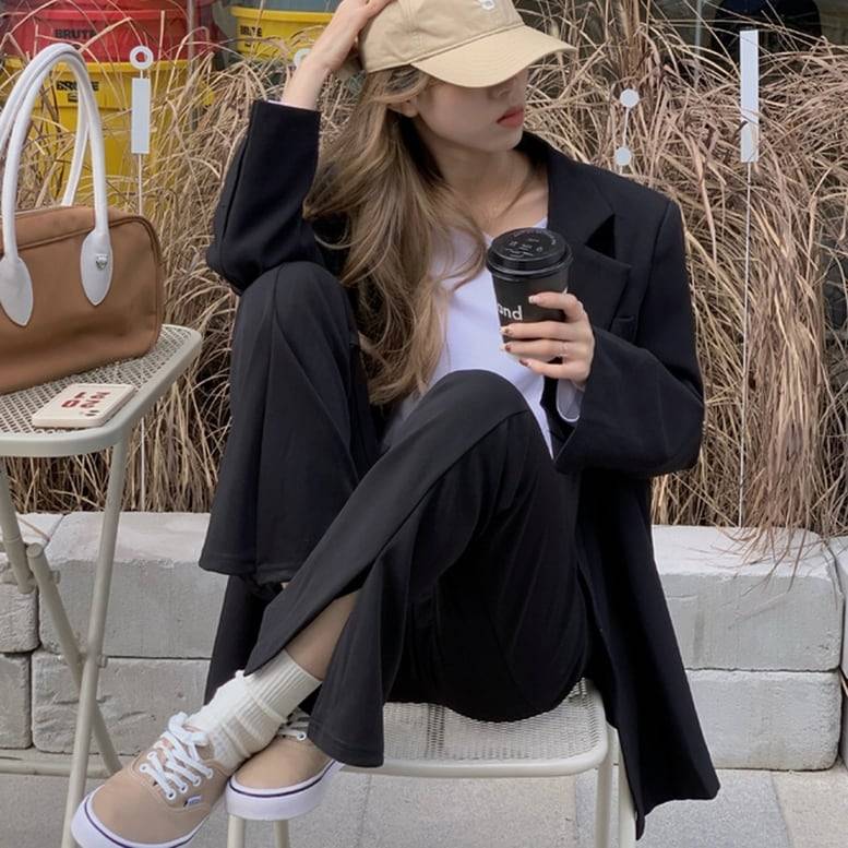 レディース パンツ スリット入り センタースリットフレアーパンツ フロントスリットイージーパンツ ストレートパンツ ボトムス ワイドパンツ ウエストゴム スリム きちんと感 ハイウエスト 黒 ブラック