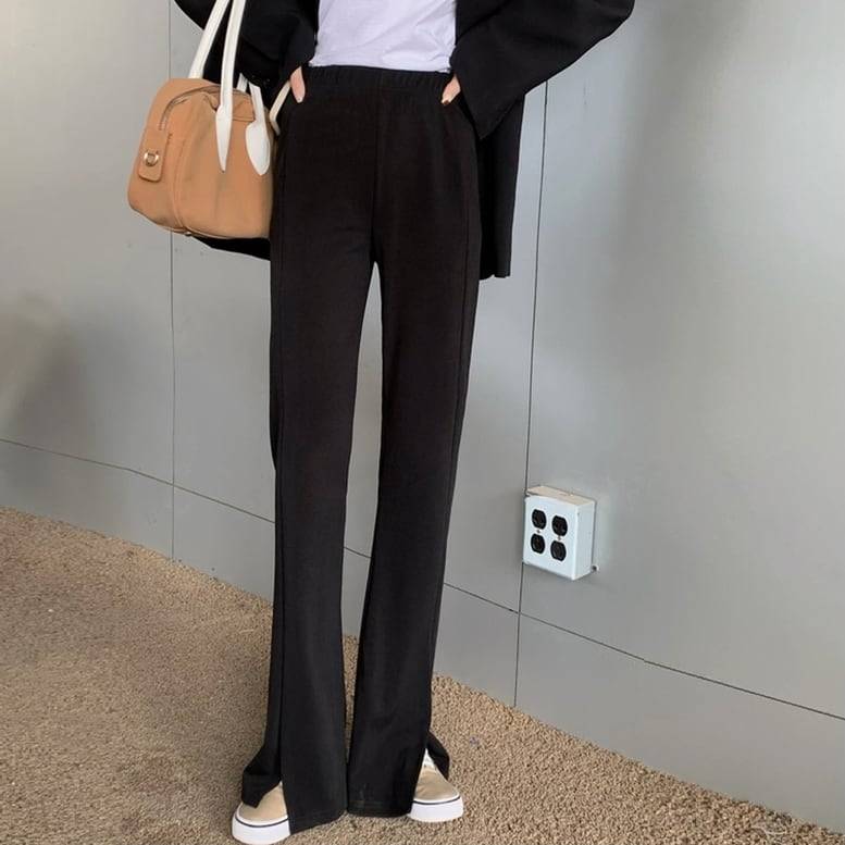 レディース パンツ スリット入り センタースリットフレアーパンツ フロントスリットイージーパンツ ストレートパンツ ボトムス ワイドパンツ ウエストゴム スリム きちんと感 ハイウエスト 黒 ブラック