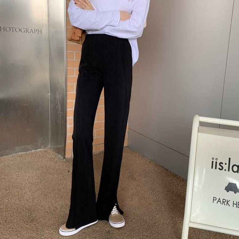 レディース パンツ スリット入り センタースリットフレアーパンツ フロントスリットイージーパンツ ストレートパンツ ボトムス ワイドパンツ ウエストゴム スリム きちんと感 ハイウエスト 黒 ブラック