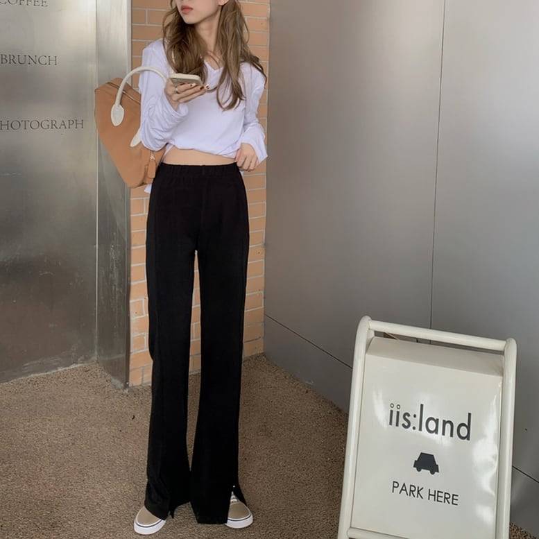 レディース パンツ スリット入り センタースリットフレアーパンツ フロントスリットイージーパンツ ストレートパンツ ボトムス ワイドパンツ ウエストゴム スリム きちんと感 ハイウエスト 黒 ブラック