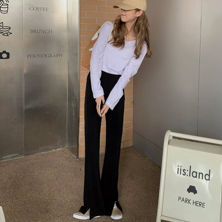 レディース パンツ スリット入り センタースリットフレアーパンツ フロントスリットイージーパンツ ストレートパンツ ボトムス ワイドパンツ ウエストゴム スリム きちんと感 ハイウエスト 黒 ブラック