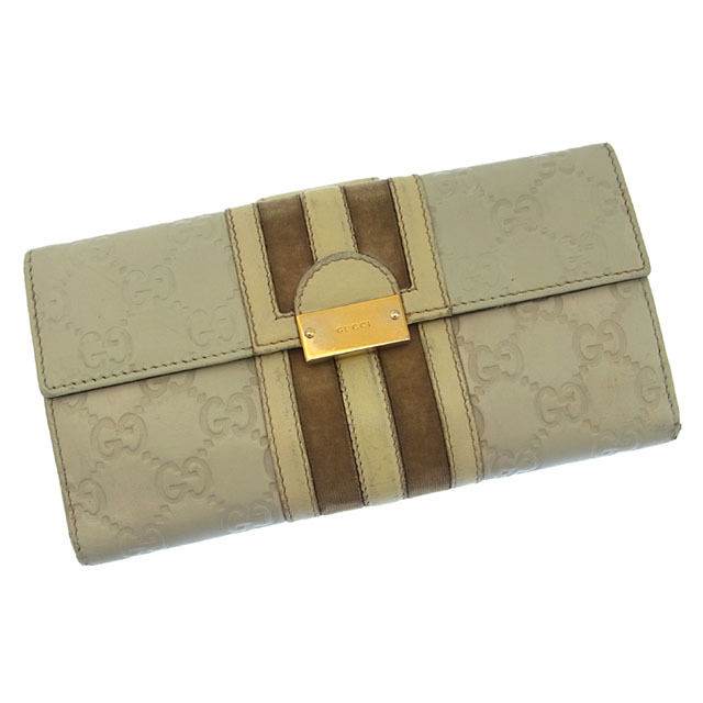 長財布 /Wホック/二つ折り グッチシマ /トレジャー/ベロアライン ライトグレー ゴールド系 中古