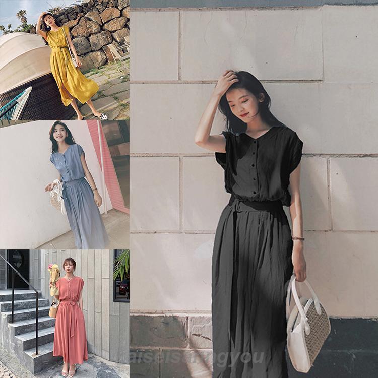 シフォンワンピース ロング丈 ワンピース 半袖 ベルト付き ワンピ 夏 レディース