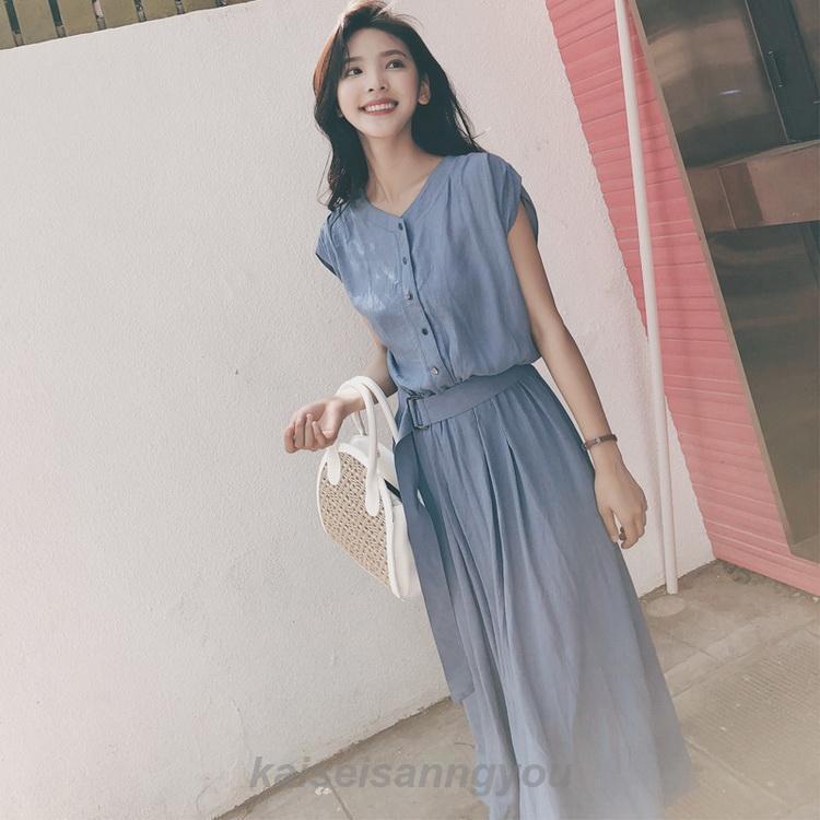 シフォンワンピース ロング丈 ワンピース 半袖 ベルト付き ワンピ 夏 レディース