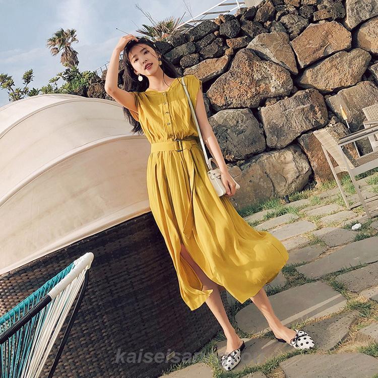 シフォンワンピース ロング丈 ワンピース 半袖 ベルト付き ワンピ 夏 レディース