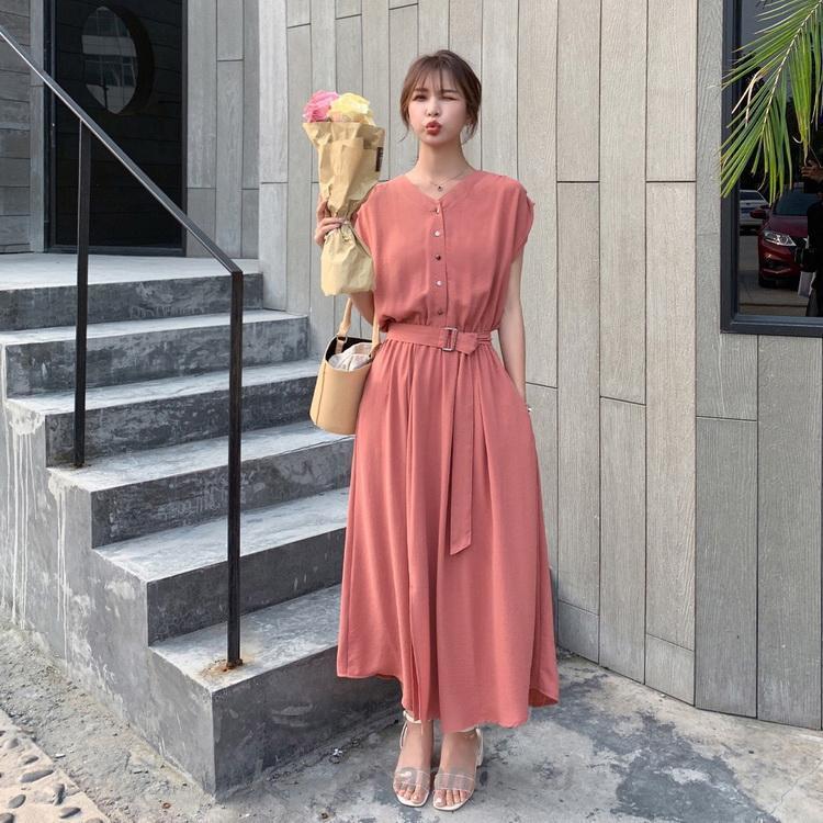 シフォンワンピース ロング丈 ワンピース 半袖 ベルト付き ワンピ 夏 レディース