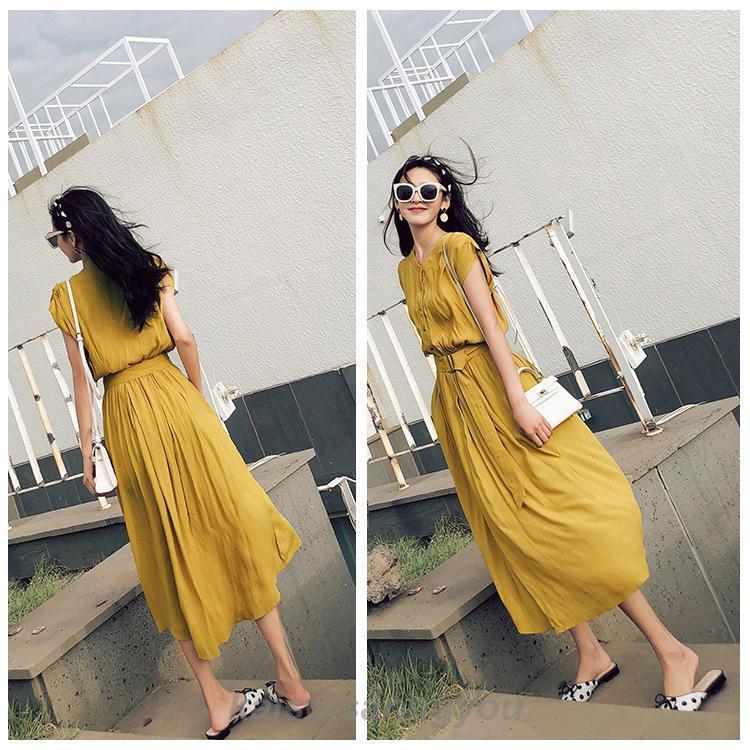 シフォンワンピース ロング丈 ワンピース 半袖 ベルト付き ワンピ 夏 レディース