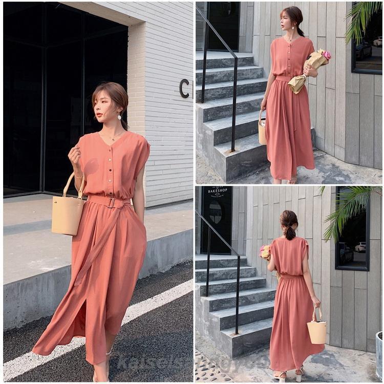 シフォンワンピース ロング丈 ワンピース 半袖 ベルト付き ワンピ 夏 レディース