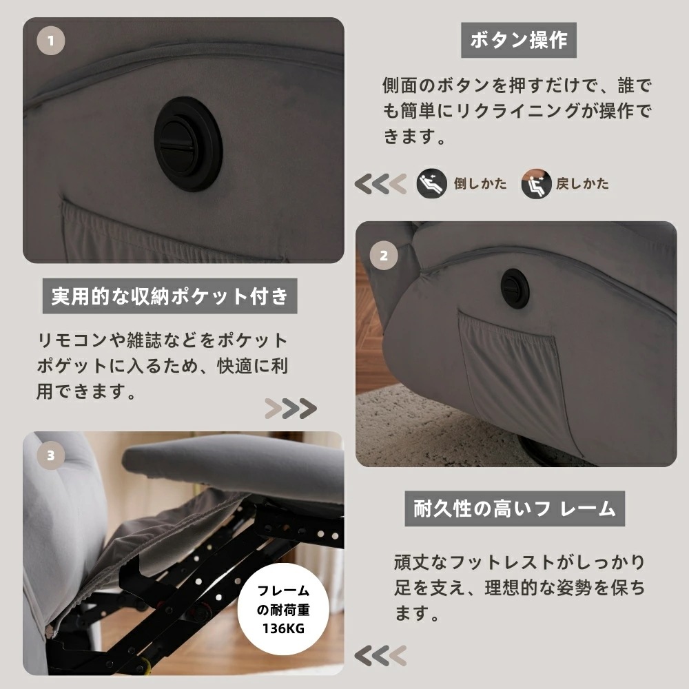 【270回転+30軽い揺れ】リクライニングソファ 電動 コンパクト 1人掛け ベルベット リクライニングチェア 105-165リクライニング 貝殻デザイン 簡単昇降ボタン 疲れにくい おしゃれ