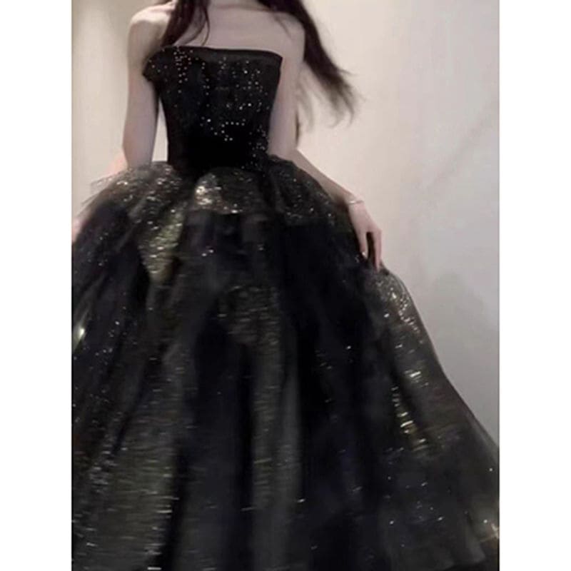 ブラックイブニングドレス成人式宴会芸術試験ホストブフォレストドレス
