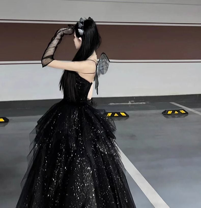 ブラックイブニングドレス成人式宴会芸術試験ホストブフォレストドレス