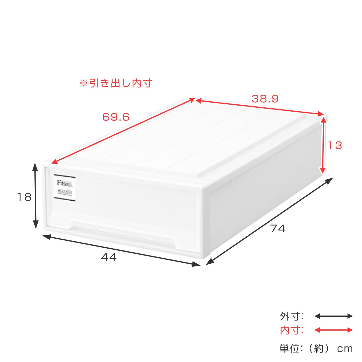 収納ケース Fits フィッツケース スリムL 2個セット フィッツ MONO ホワイト 収納 引き出し 衣装ケース 押入れ収納 積み重ね 幅44 奥行74 高さ18 天馬 日本製